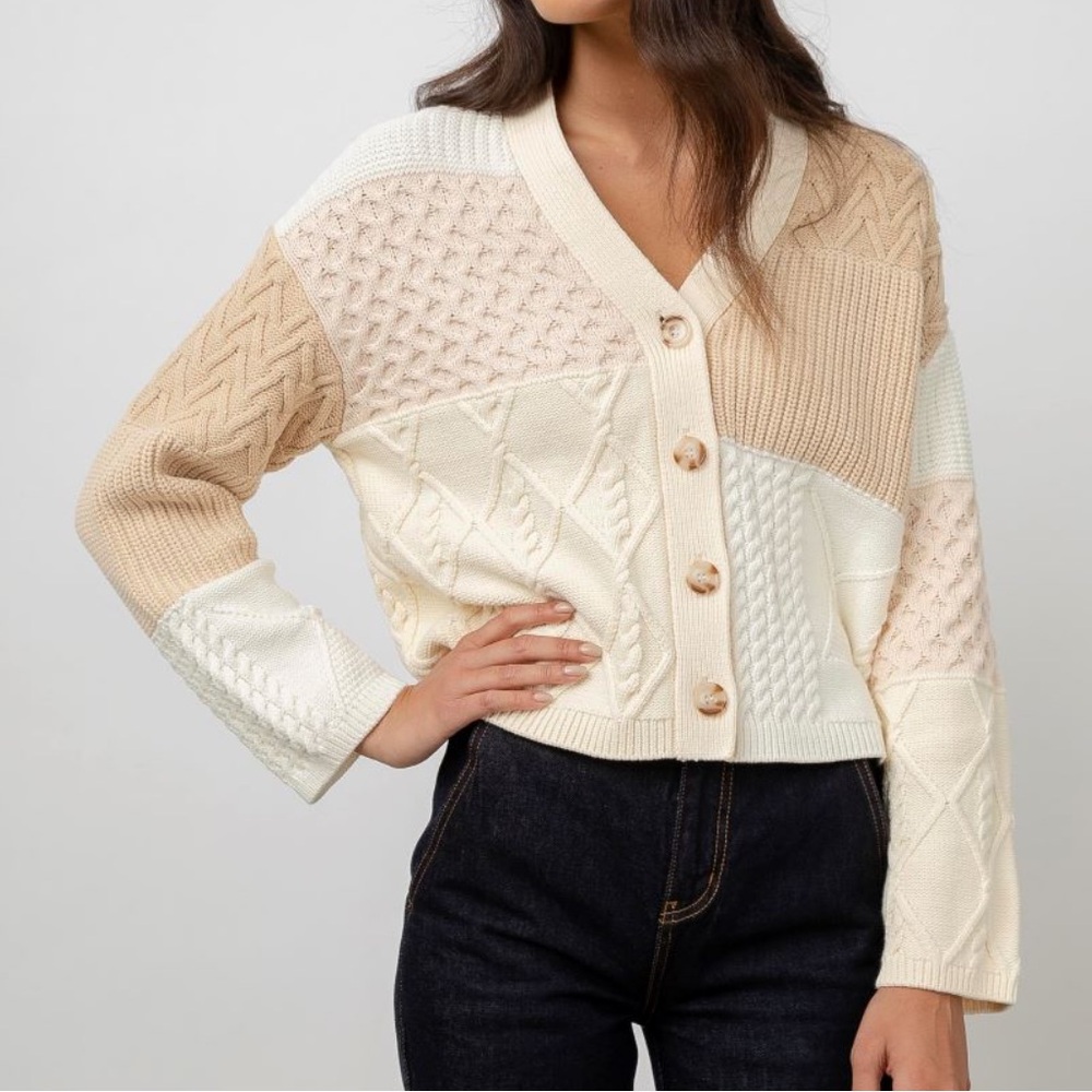 Rails Reese Cream Patchwork Cable Cardigan Sweater | Size XL